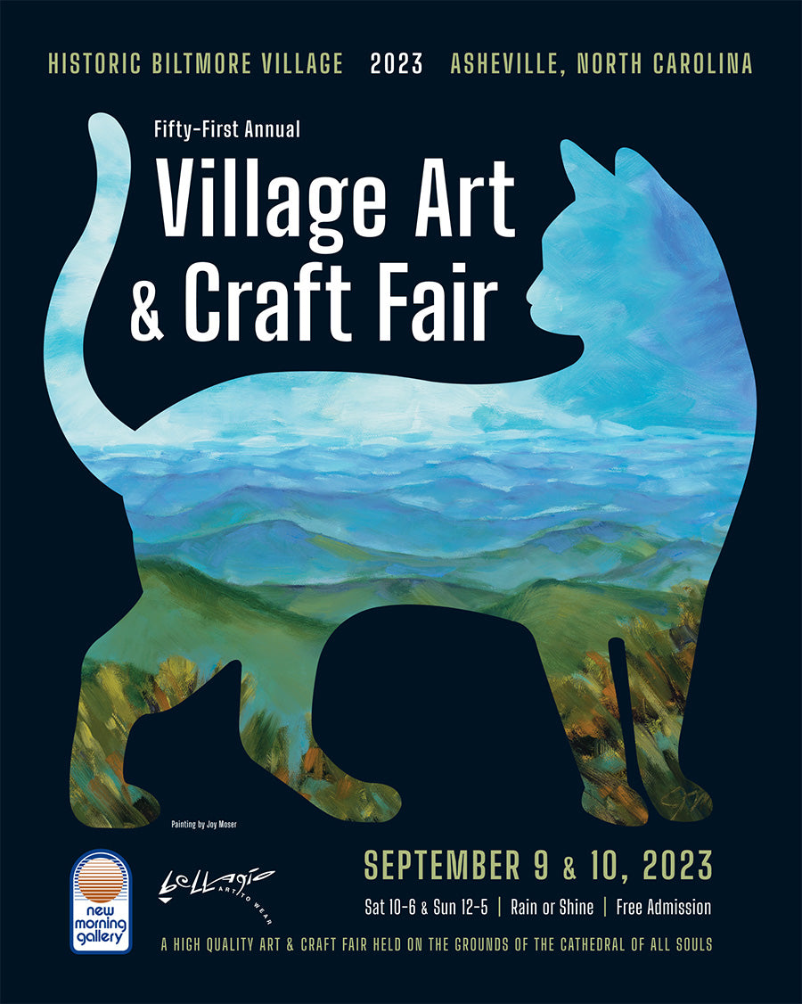 2023 Village Art and Craft Fair poster with a cat silhouette framing the Blue Ridge Mountains