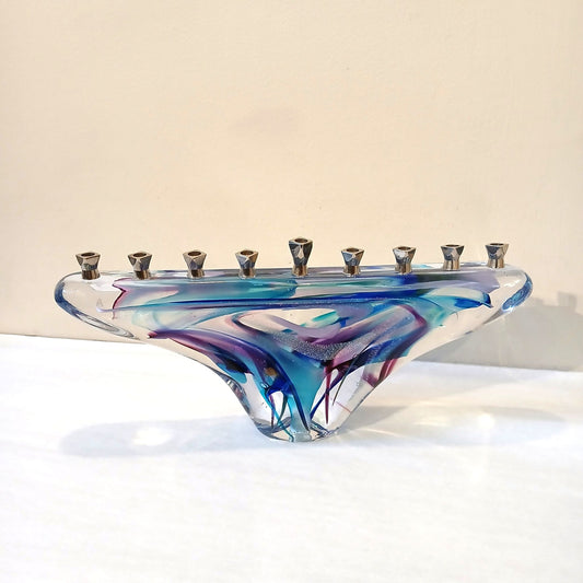 Goldhagen Art Glass Shin Menorah in Blues