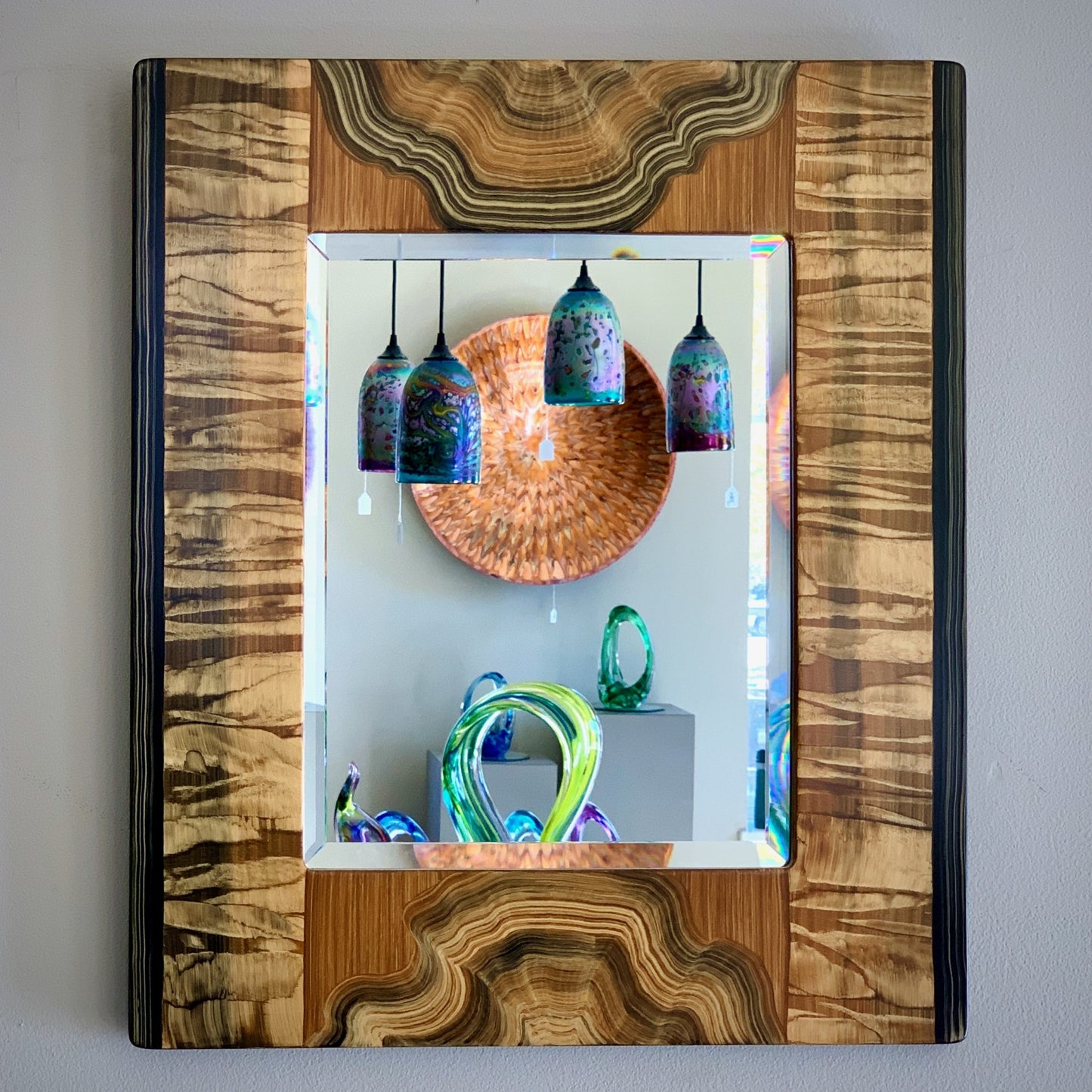 Grant-Noren Ripple Burl Mirror, Beveled Glass