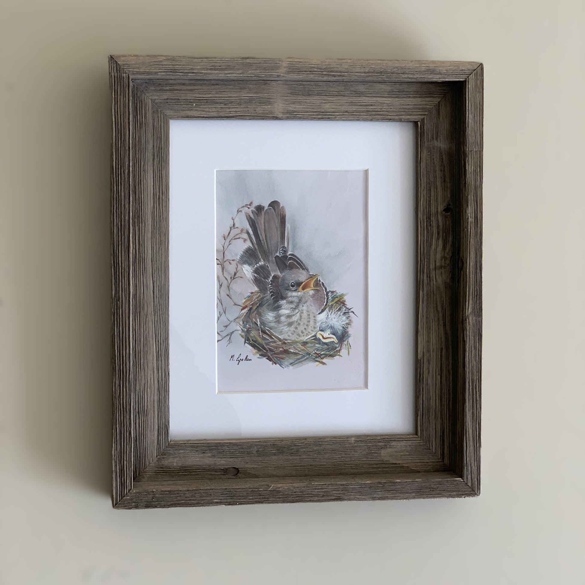 Maggie Graham "Mockingbird With Baby" Framed Watercolor