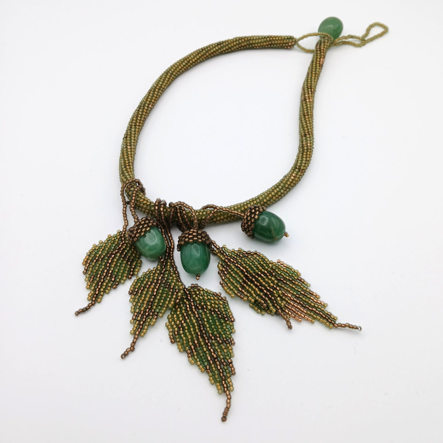 Vita Schneider Beaded Necklace, Leaves With Jade Acorns