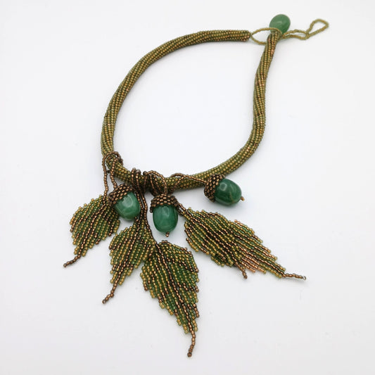 Vita Schneider Beaded Necklace, Leaves With Jade Acorns