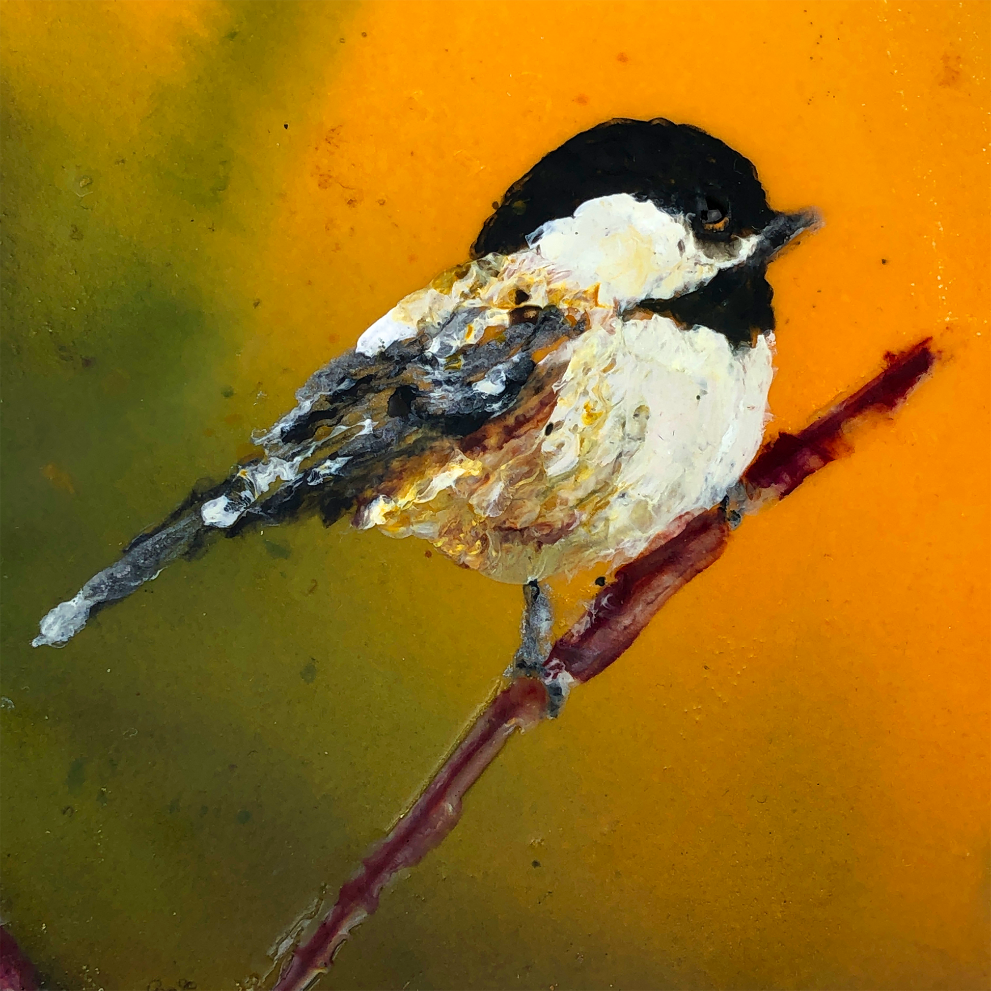 Nadine Koski Encaustic "Chickadee On Brown"