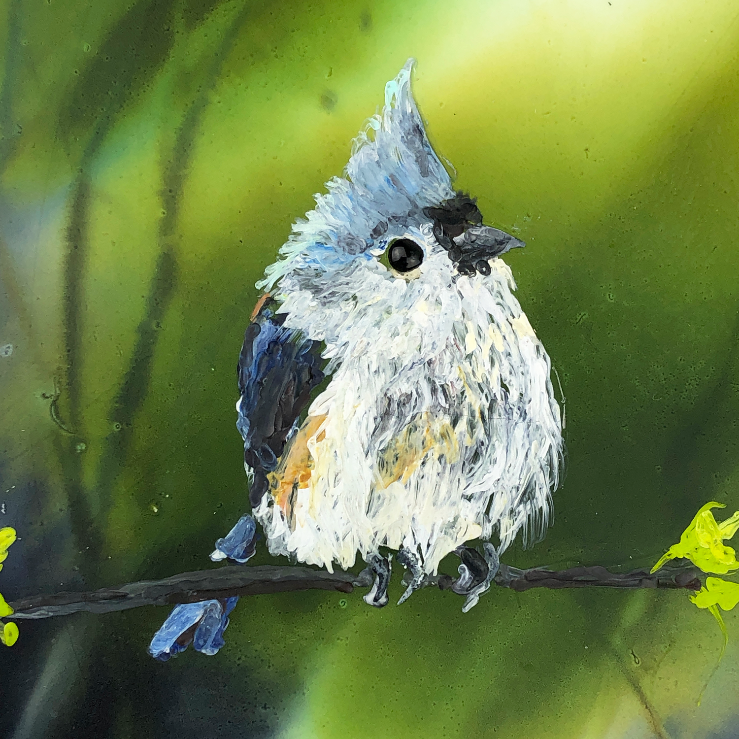 An encaustic painting of a titmouse bird on a small branch on an abstract green background