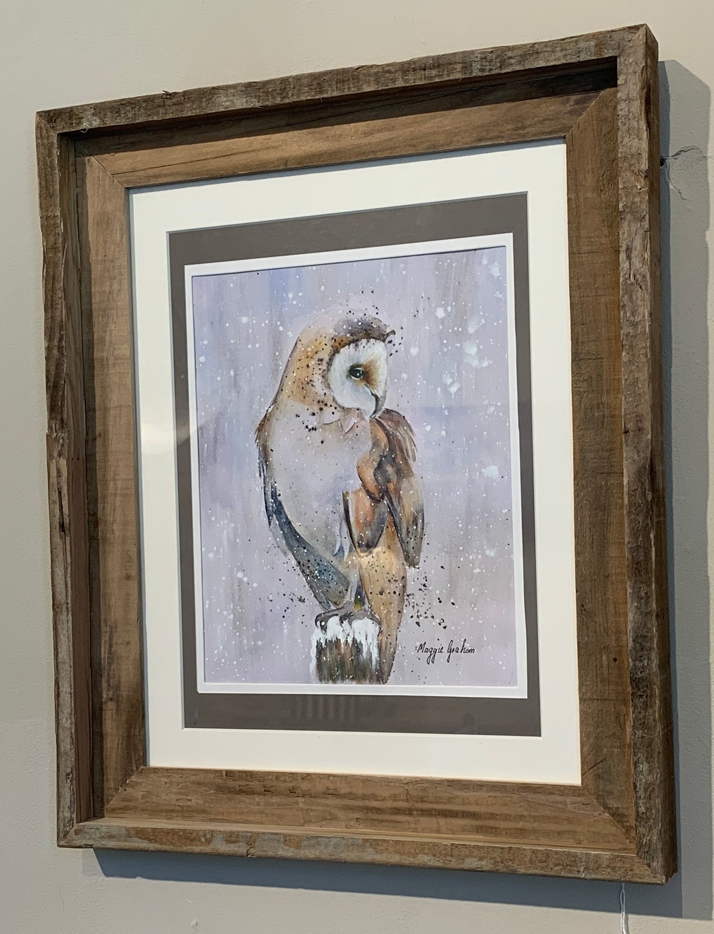 Maggie Graham "Barn Owl on Stump in Snow" Framed Watercolor