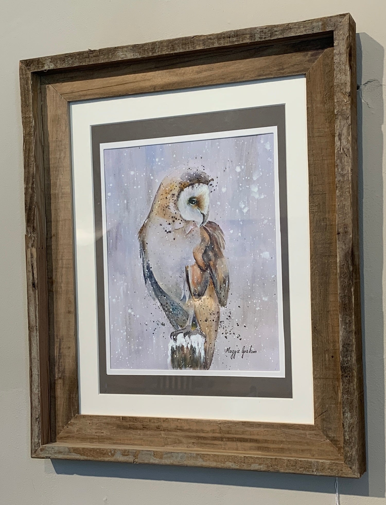 Maggie Graham "Barn Owl on Stump in Snow" Framed Watercolor