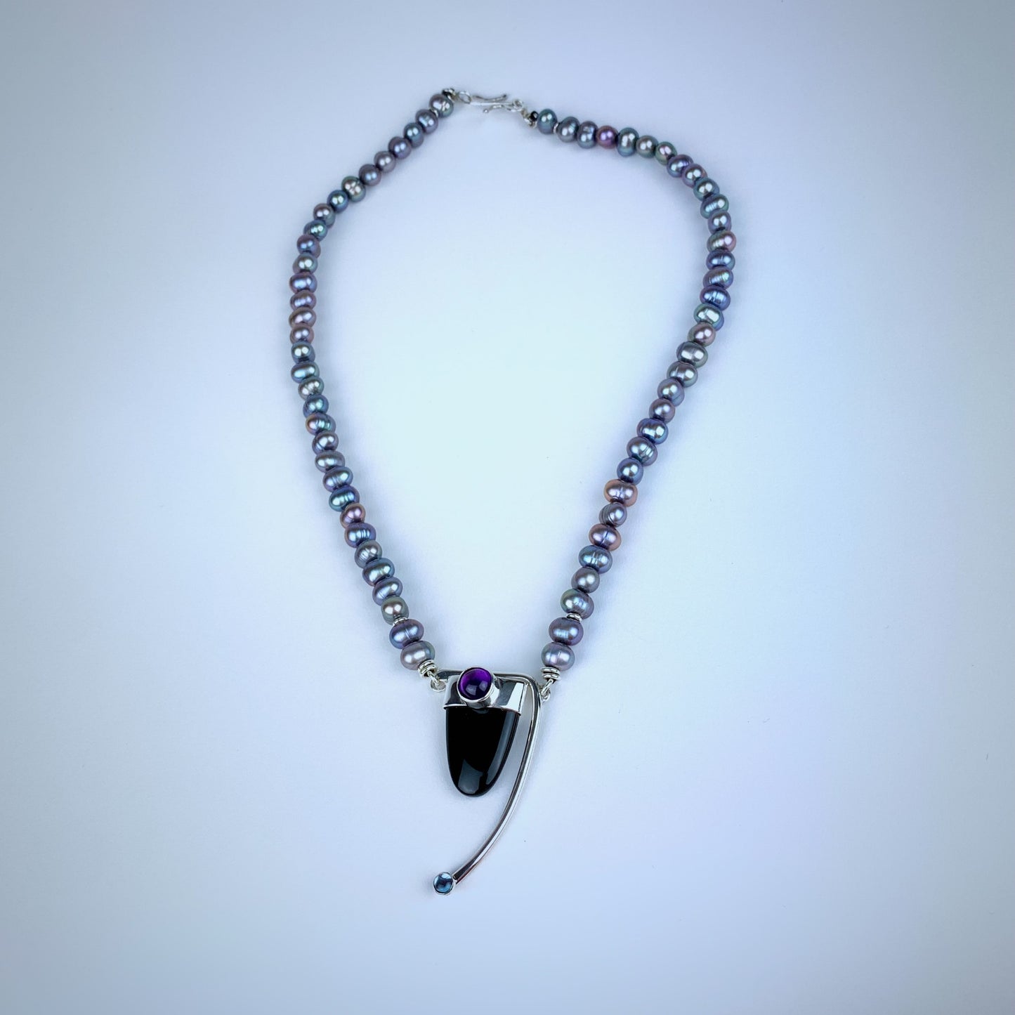 N576 SS Grey Pearls w/ Onyx, Amethyst