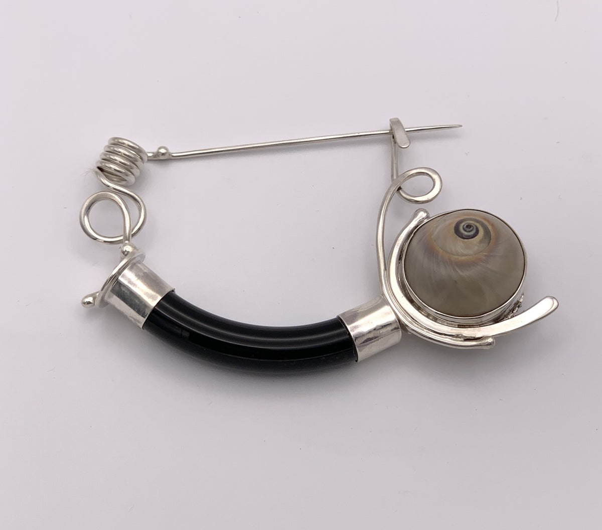 Katherine Palmer Sterling Silver Pin With Onyx and Moonsnail Shell