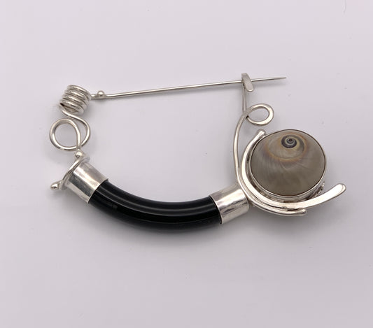 Katherine Palmer Sterling Silver Pin With Onyx and Moonsnail Shell
