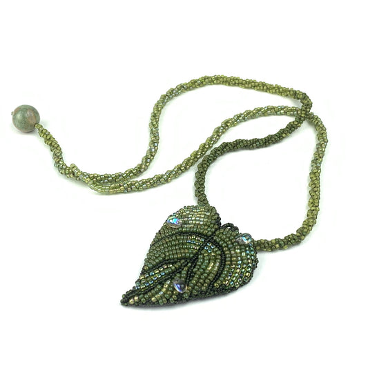 Vita Schneider Beaded Necklace, Embroidery Leaf w/ Rain Drops