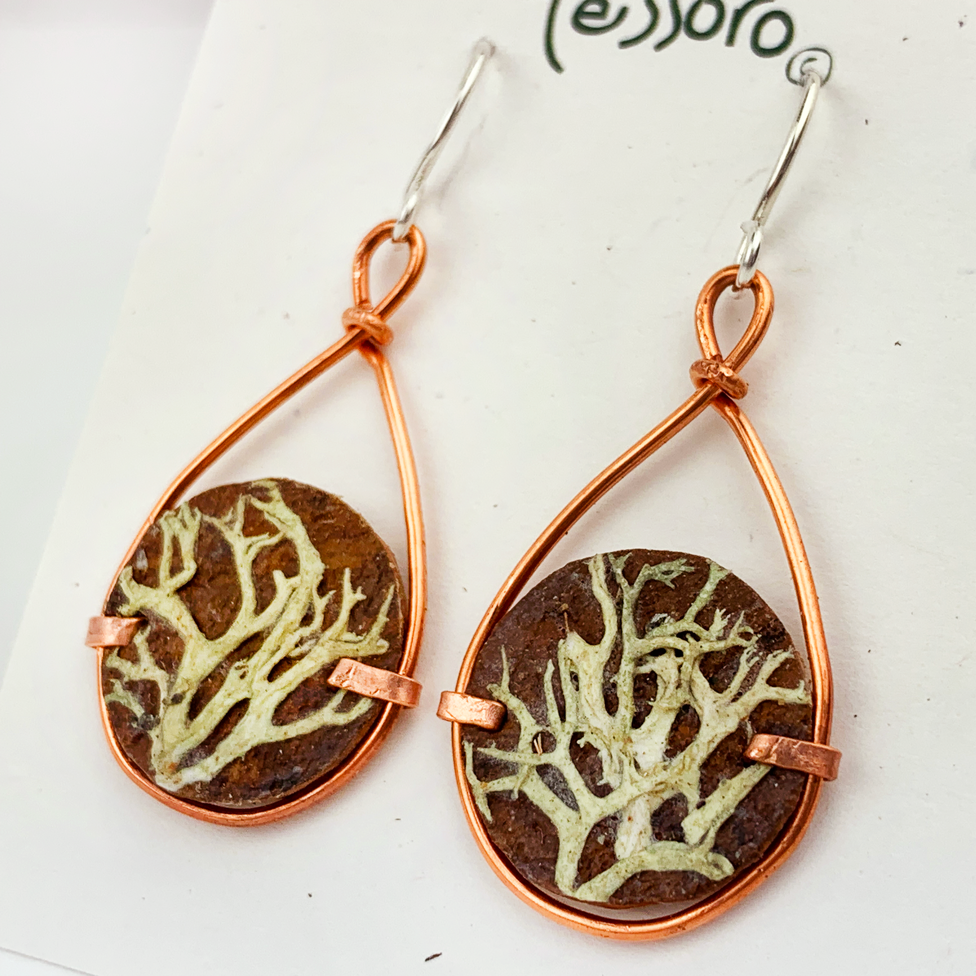 Tessoro Lichen and Copper French Hook Earrings. Real salvaged birch bark and reclaimed copper. 