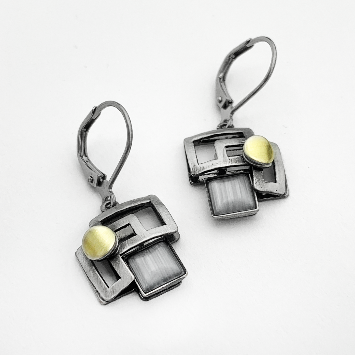 Crono Design, Lever Back Earrings With Gray Stone